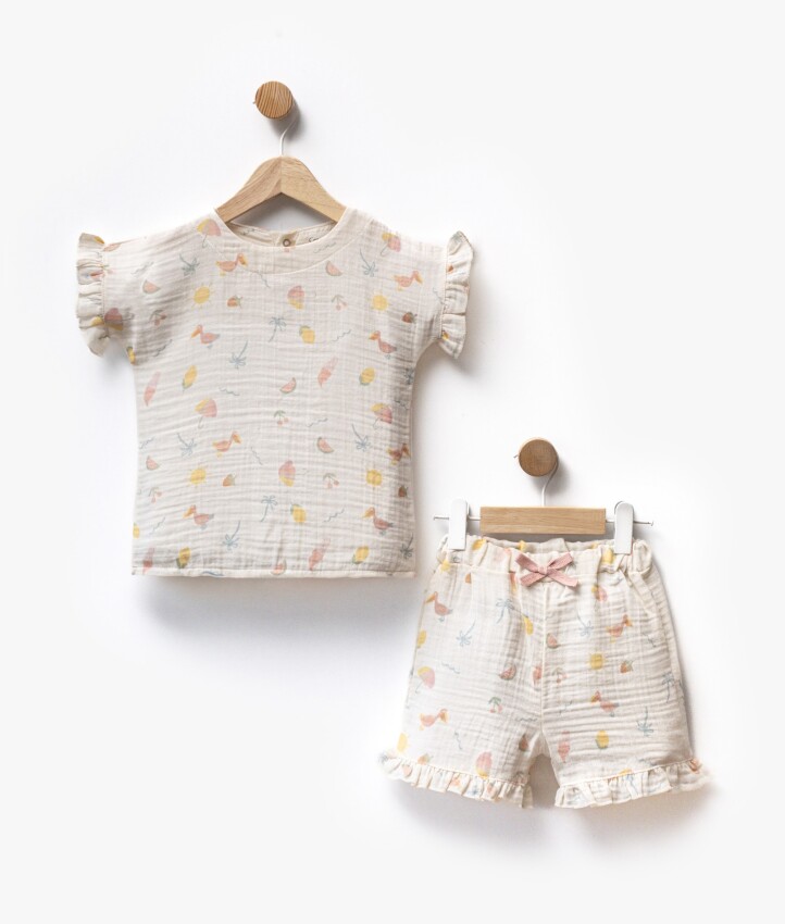 Toptan Kız Bebek 2'li Muslin Baskılı Tişört ve Şort Takım 2-5Y Flexi Baby 2063-217601 - 6