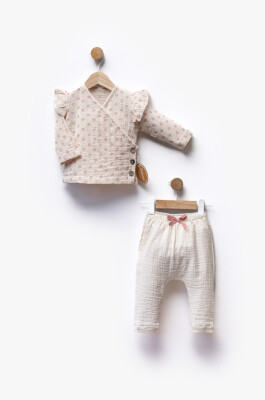 Toptan Kız Bebek 2'li Muslin Body ve Pantolon Takım 3-12M Bebbemini 2065-BM-2315 Pembe