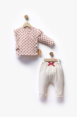 Toptan Kız Bebek 2'li Muslin Body ve Pantolon Takım 3-12M Bebbemini 2065-BM-2315 Kırmızı