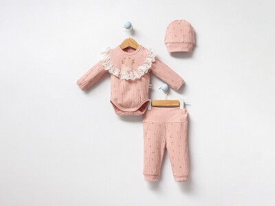 Toptan Kız Bebek 2'li Şapkalı Badi ve Pantolon Takım 3-12M Bubbles 2040-3015 Gül Kurusu