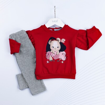 Toptan Kız Bebek 2'li Sweatshirt ve Pantolon Takım 9-24M Sani 1068-6988 Kırmızı