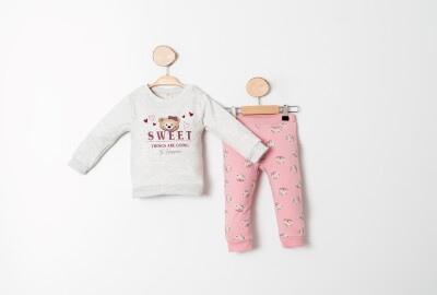 Toptan Kız Bebek 2'li Sweatshirt ve Pantolon Takımı 9-24M Sani 1068-10010 Pembe