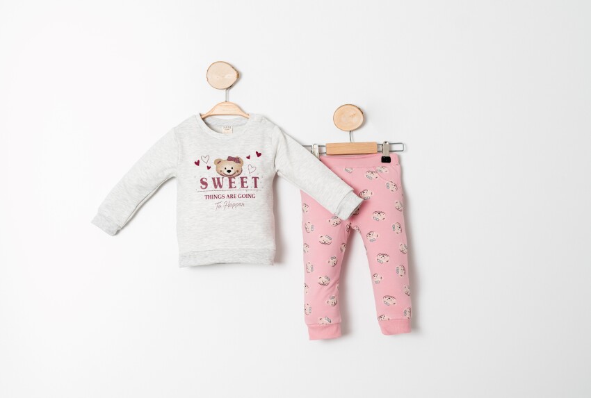 Toptan Kız Bebek 2'li Sweatshirt ve Pantolon Takımı 9-24M Sani 1068-10010 - 1