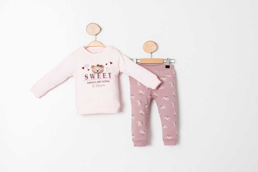 Toptan Kız Bebek 2'li Sweatshirt ve Pantolon Takımı 9-24M Sani 1068-10010 - 3