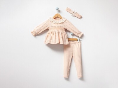 Toptan Kız Bebek 2'li Taçlı Bluz ve Pantolon Takımı 3-18M Bubbles 2040-3044 Somon