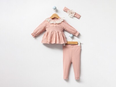 Toptan Kız Bebek 2'li Taçlı Bluz ve Pantolon Takımı 3-18M Bubbles 2040-3044 Gül Kurusu