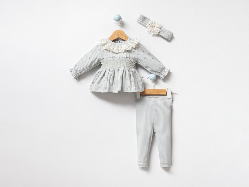 Toptan Kız Bebek 2'li Taçlı Bluz ve Pantolon Takımı 3-18M Bubbles 2040-3044 - 5