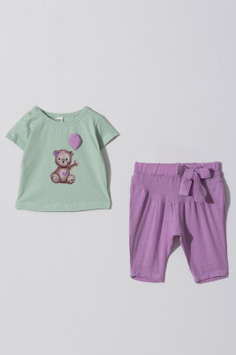Toptan Kız Bebek 2'li Tişört ve Pantolon Takımı 6-18M Tuffy 1099-1205 Yeşil