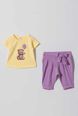 Toptan Kız Bebek 2'li Tişört ve Pantolon Takımı 6-18M Tuffy 1099-1205 Açık Sarı