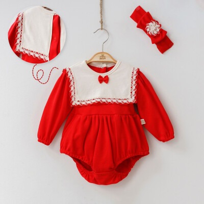 Toptan Kız Bebek 2'li Tulum ve Bandana 6-12M Minizeyn 2014-9003 Kırmızı