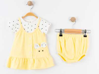 Toptan Kız Bebek 3'lü Askılı Elbise, Tişört ve Şort Takımı 9-24M Tofigo 2013-9148 Sarı