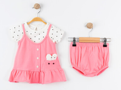 Toptan Kız Bebek 3'lü Askılı Elbise, Tişört ve Şort Takımı 9-24M Tofigo 2013-9148 - Tofigo (1)