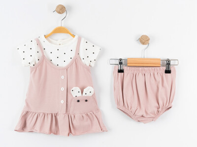 Toptan Kız Bebek 3'lü Askılı Elbise, Tişört ve Şort Takımı 9-24M Tofigo 2013-9148 - 3