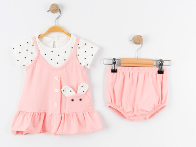 Toptan Kız Bebek 3'lü Askılı Elbise, Tişört ve Şort Takımı 9-24M Tofigo 2013-9148 Pudra