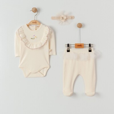 Toptan Kız Bebek 3'lü Body, Bandana ve Pantolon Takımı 0-6M Miniborn 2019-9075 - Miniborn