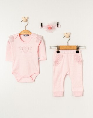 Toptan Kız Bebek 3'lü Body, Bandana ve Pantolon Takımı 3-18M Miniborn 2019-9072 Pembe