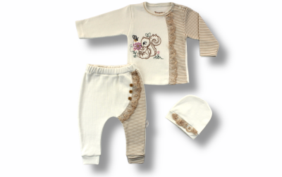 Toptan Kız Bebek 3'lü Body Pantolon ve Şapka Takım 1-12M Tomuycuk 1074-75435 - Tomuycuk