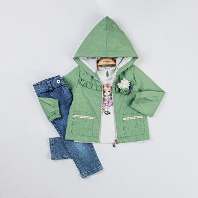 Toptan Kız Bebek 3'lü Ceket, Badi ve Kot Pantolon Takımı 9-24M Miss Lore 1055-5505 Yeşil