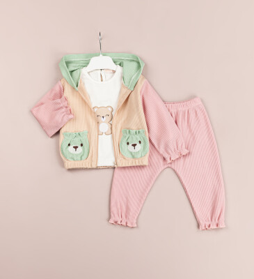 Toptan Kız Bebek 3'lü Ceket, Bluz ve Pantolon Takım 6-18M BabyRose 1002-7745 Pembe
