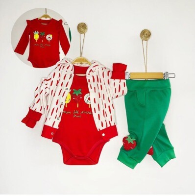 Toptan Kız Bebek 3'lü Ceket Zıbın ve Pantolon Takım 6-12M Minizeyn 2014-8007 Kırmızı