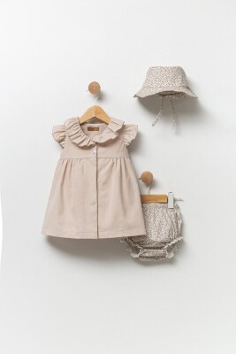 Toptan Kız Bebek 3'lü Elbise, Külot ve Şapka Takımı 0-12M Babyline 2015-24115 Kahverengi