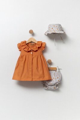 Toptan Kız Bebek 3'lü Elbise, Külot ve Şapka Takımı 0-12M Babyline 2015-24115 Tarçın