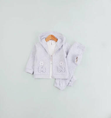 Toptan Kız Bebek 3'lü Hırka uzun Kollu Body ve Pantolon Takım 9-24M BabyRose 1002-7800 Gri