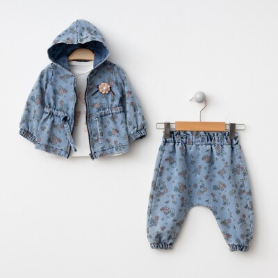 Toptan Kız Bebek 3'lü Kot Ceket, Pantolon ve Uzun Kol Body 6-24MBonBon 2056-3001 Mavi