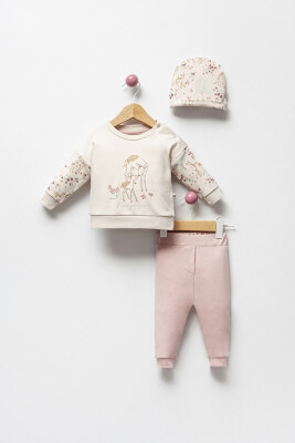 Toptan Kız Bebek 3'lü Şapkalı, Sweatshirt ve Pantolon Takım 3-18M Bubbles 2040-3122 - Bubbles