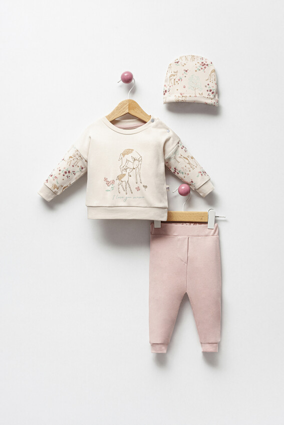 Toptan Kız Bebek 3'lü Şapkalı, Sweatshirt ve Pantolon Takım 3-18M Bubbles 2040-3122 - 1