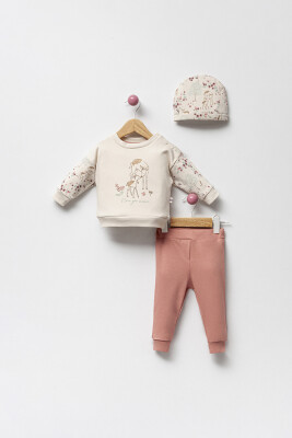 Toptan Kız Bebek 3'lü Şapkalı, Sweatshirt ve Pantolon Takım 3-18M Bubbles 2040-3122 - Bubbles (1)
