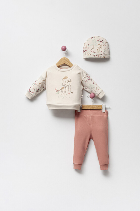 Toptan Kız Bebek 3'lü Şapkalı, Sweatshirt ve Pantolon Takım 3-18M Bubbles 2040-3122 - 2