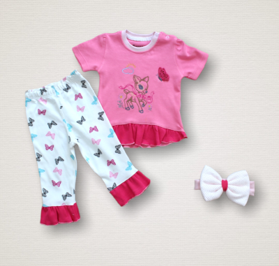 Toptan Kız Bebek 3'lü Tişört Kelebek Baskılı Pantolon ve Toka Takım 1-12M Tomuycuk 1074-75541-01 - Tomuycuk
