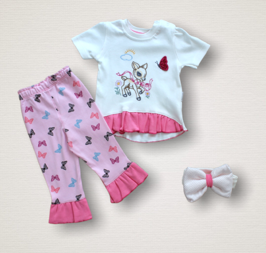 Toptan Kız Bebek 3'lü Tişört Kelebek Baskılı Pantolon ve Toka Takım 1-12M Tomuycuk 1074-75541-01 - 2