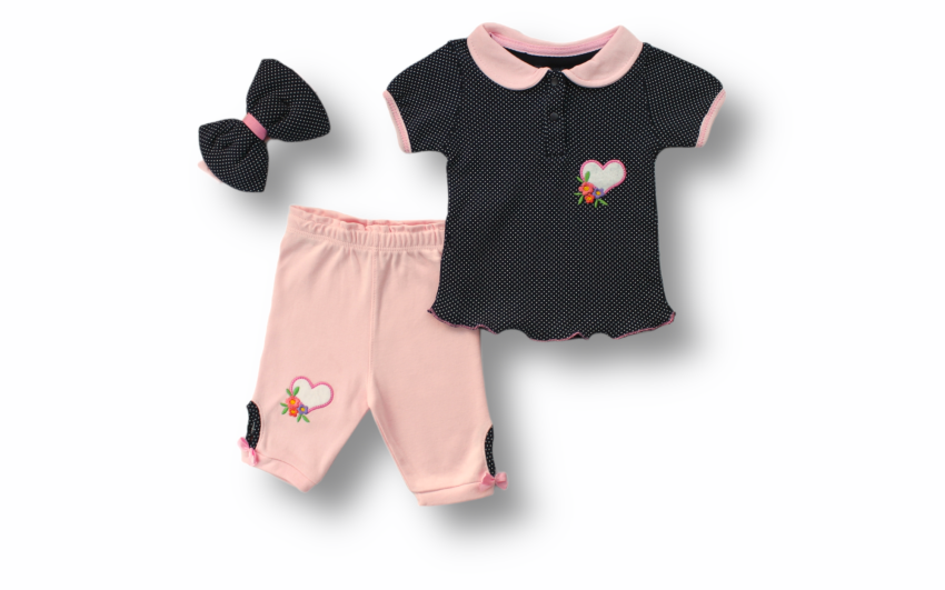 Toptan Kız Bebek 3'lü Tişört, Pantolon ve Toka Takım 1-12M Tomuycuk 1074-75515 - 1