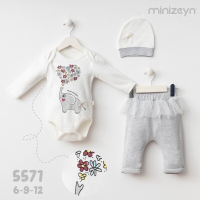 Toptan Kız Bebek 3'lü Zıbın Pantolon ve Şapka Takım 6-12M Minizeyn 2014-5571 - Minizeyn