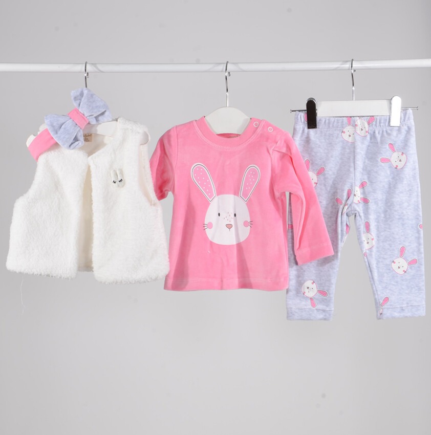 Toptan Kız Bebek 4'Lü Fiyonk Baskılı Yelekli Takım 6-18M Serkon Baby&Kids 1084-M0397 - 2