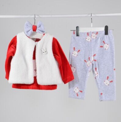 Toptan Kız Bebek 4'Lü Fiyonk Baskılı Yelekli Takım 6-18M Serkon Baby&Kids 1084-M0397 Kırmızı