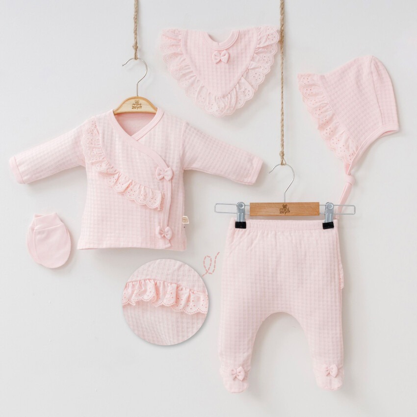 Toptan Kız Bebek 5'li Yenidoğan Body Pantolon Önlük Şapka ve Eldiven Takım 0-3M Minizeyn 2014-7031 - 1