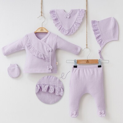 Toptan Kız Bebek 5'li Yenidoğan Body Pantolon Önlük Şapka ve Eldiven Takım 0-3M Minizeyn 2014-7031 - Minizeyn (1)