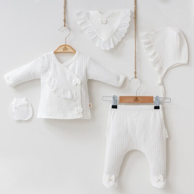 Toptan Kız Bebek 5'li Yenidoğan Body Pantolon Önlük Şapka ve Eldiven Takım 0-3M Minizeyn 2014-7031 Ekru