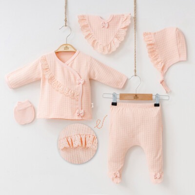 Toptan Kız Bebek 5'li Yenidoğan Body Pantolon Önlük Şapka ve Eldiven Takım 0-3M Minizeyn 2014-7031 - 4