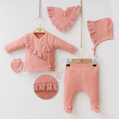 Toptan Kız Bebek 5'li Yenidoğan Body Pantolon Önlük Şapka ve Eldiven Takım 0-3M Minizeyn 2014-7031 - 5