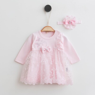 Toptan Kız Bebek Bandanalı Elbise 0-12M Miniborn 2019-2163 Pembe