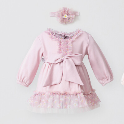 Toptan Kız Bebek Bandanalı Elbise 0-12M Miniborn 2019-3077 Pudra