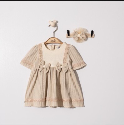 Toptan Kız Bebek Bandanalı Elbise 0-12M Miniborn 2019-3485 Bej