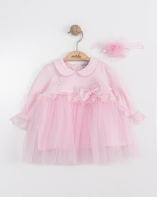 Toptan Kız Bebek Bandanalı Elbisesi 0-12M Miniborn 2019-3284 Pembe