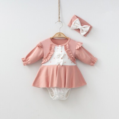 Toptan Kız Bebek Bolerolu Elbise ve Bandana 6-12M Minizeyn 2014-9004 Gül Kurusu