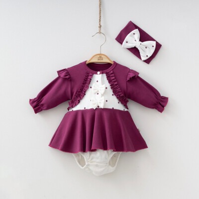 Toptan Kız Bebek Bolerolu Elbise ve Bandana 6-12M Minizeyn 2014-9004 Mürdüm