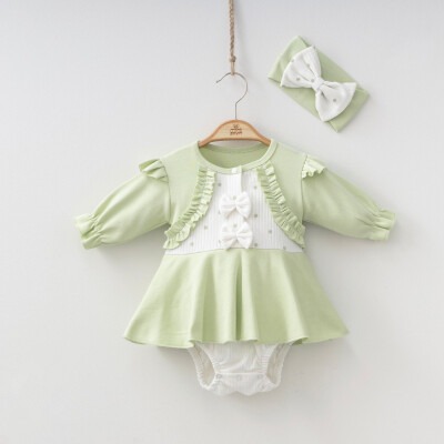 Toptan Kız Bebek Bolerolu Elbise ve Bandana 6-12M Minizeyn 2014-9004 Çağla Yeşili